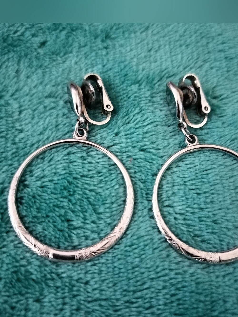 Vintage Crown Trifari Silver Dangle Hoop Earrings, Mid-Century Clip On Signed